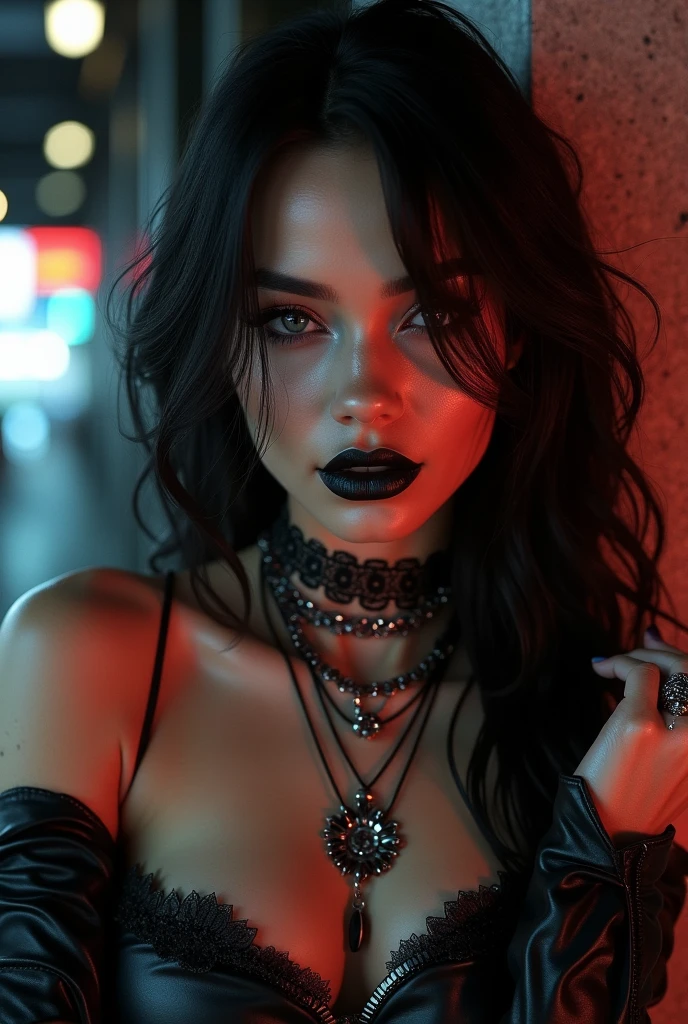 1 Vampires, (Female:0.8), poison fangs, Blood, Neck bites, Pale skin, intense eyes, Seductive expression, cybernetic enhancements, cyberpunk (Blood dripping:1.2), ( atmosphere:1.3), Dark hair, Long flowing hair, (Black lace dress:1.2), (cropped shoulders:0.9), (Red corset:1.1), (Torn clothing:0.8), (Seductive pose:1.2), (Moaning:1.4), (Moonlight:1.3), (gothic environment:1.2), (haunting background:1.1), (lifting one leg:1.2), (Glossy lips:0.9), (Whisper sweetly:1.2), (sensual lighting:1.3), (Long nails:1.1), (Heavy atmosphere:1.2), (A lingering touch:1.3), (Eroticon:1.4).