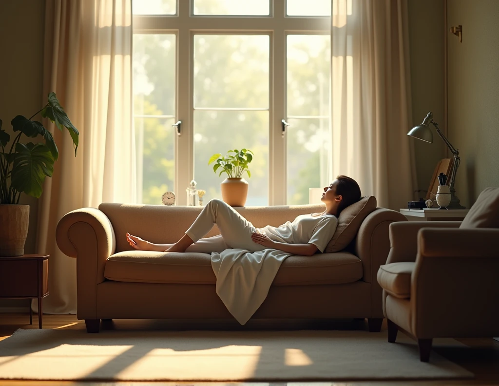 One girl reading a book, stretch out on long sofa, living room with large window, carpet, small wooden books cabinet, standing lamp,