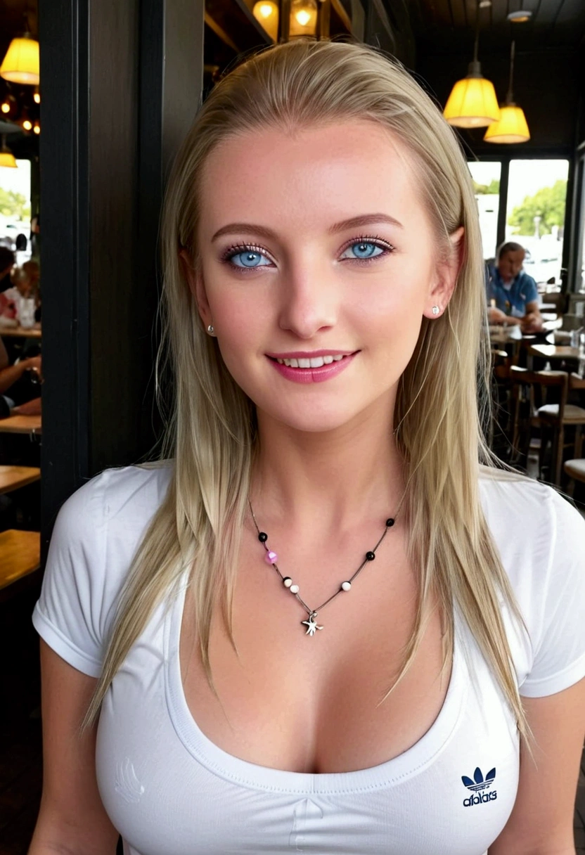 1 young woman. german. stunning beauty. Blonde hair with white highlights, smooth and shoulder length. greyish blue eyes. fleshy lips. Medium and round breasts with silicone. Preppy style, very charming. He is wearing tight white jeans. Wears white and pink Adidas NMD sneakers. Wear a short polo shirt from RALPH LAUREN, without a bra and showing her belly. Has a long belly button piercing highlighted. Wears a lot of Pandora style bracelets. photo by full body. background restaurant.