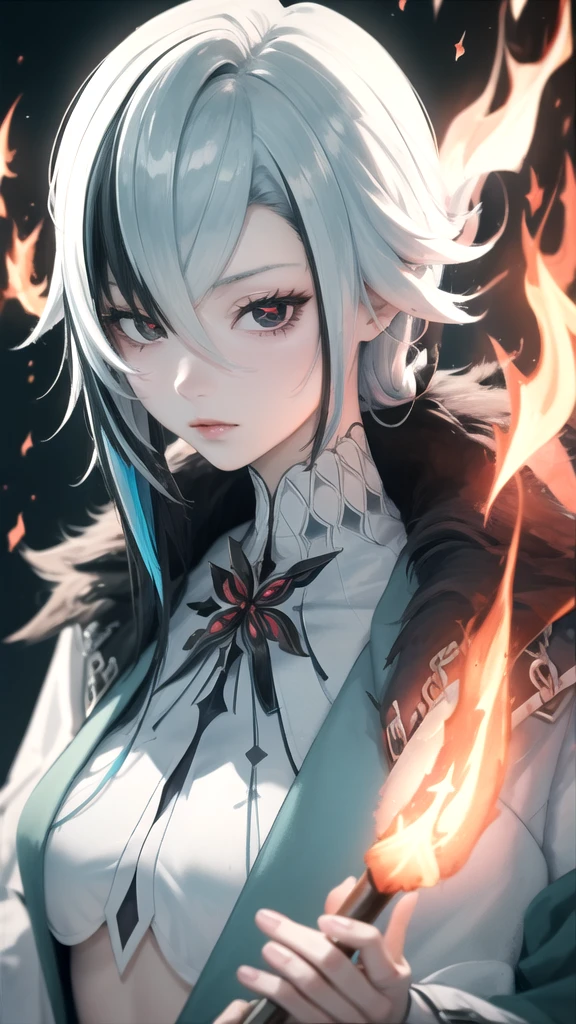 (High Detail:1.2) Anime Girl, (Cinematic Lighting, Delicate Colors), (Flame:1.2), Lighting Calm, Wind, Fog. Turquoise, delta tones.