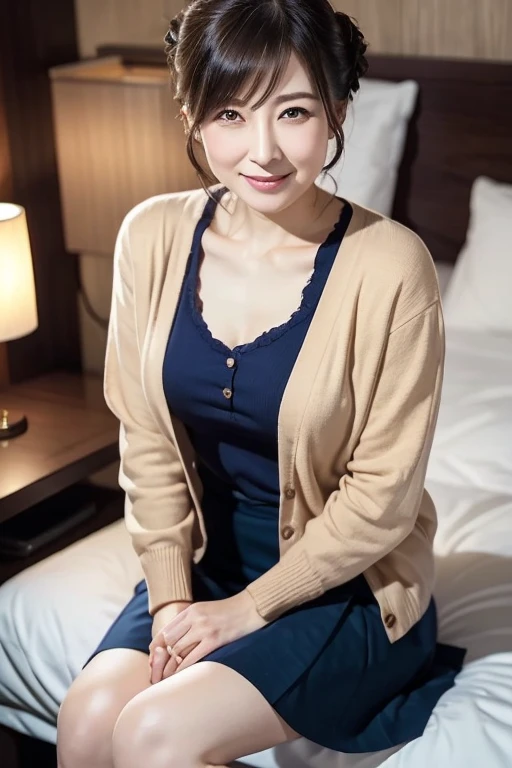 masterpiece、Photo quality、Japanese Mature、Businesswoman、cardigan、Cotton tight skirt、Updo、smile、bangs、Droopy eyes、sexy、Beautiful flesh-colored thighs、A luxury hotel room、