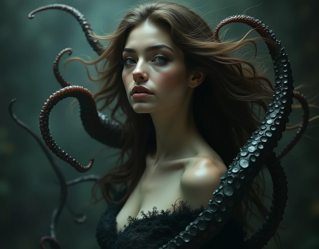 Octopus tentacles tightly wrapped around the beautiful girl's face, Beauty blush
