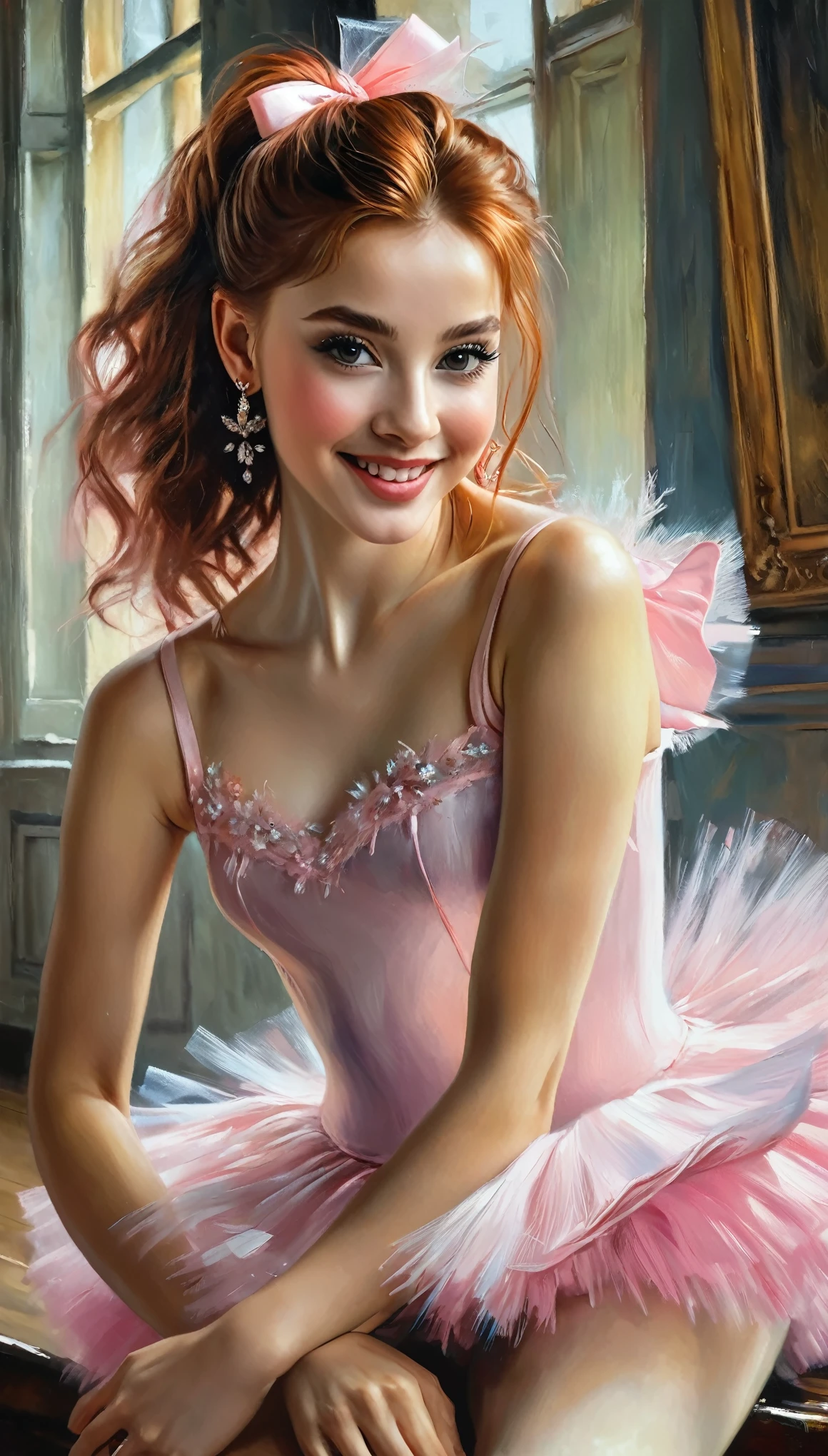 Painting of a girl, the ballerina is, ballerina, Ma Lin, Portrait of a ballerina, [ Oil painting ]!!!, Vladimir Novak, Andrey Atroshenko, Oil painting, Ju Lian, first ballerina, realistic painting of a cute girl, inspired by Vladimir Makovsky, She wears a pink tutu and ties her shoelaces, Elizaveta Polunina, Andrej MarkinLooking at the viewer, High resolution, ​masterpiece, anatomically correct, best quality, Multiple awards, super detailed, uhd, textured skin, Dutt, Red hair, ear rings, big boobs, smile, open mouth, very detailed face, very long eyelashes, black eyeliner, pink shiny eyeshadow,open eyes