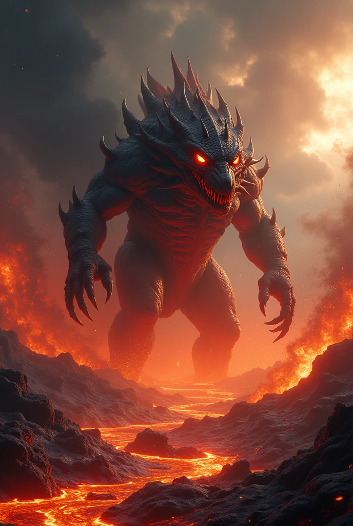 A gigantic monster emerges suddenly from the depths of the earth, with a terrifying and distorted appearance. It is characterized by its fiery skin and glowing red eyes. It moves with heavy and ominous steps, instilling fear in people's hearts upon its appearance, as it relentlessly pursues them with insane speed while emitting terrifying sounds that evoke panic 8k HDR