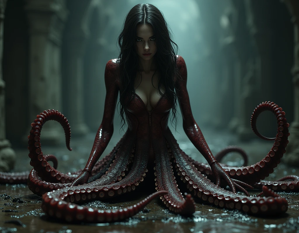 ((Katherine McNamara in a wedding dress)), ((deepthroated by big tentacles)), views upwards to a giant tentacle, ahegao, focus on big tentacle, looking at tentacle, ((slugs crawling om her face)), horny, red lipstick, pleased, moaning, skinny body, red hair, wet hair, large breasts, large ass, flat belly, narrow waist, (cum all over), covered in cum, wet hair, tentacles, tentacles sucks breast, ((throat bulge)),tentacle squeeze breast, tentacles licks breasts, tentacle penetration, fucking tentacles, tentacles around throat, ((slimy tentacles)), sodium light, impaled with tentacles, horror, hyper detailed, 8K, masterpiece, Eldritch abomination, (mind flayer:1.5) (bride of Cthulhu), church of Cthulhu, torture chamber, ((tentacles on the floor and crawling up her body and mouth)), (white thong), ((gates of Cthulhu open))