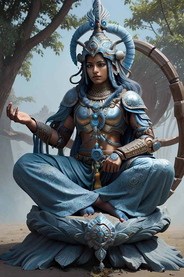 there is a statue of a woman sitting on a stone platform, cinematic render unreal engine, india third eye tika, by Aleksi Briclot, ayahuasca ceremony, still from a music video, indian forest, tv still frame, by Antonín Slavíček, angkor, hindi text, nirvana