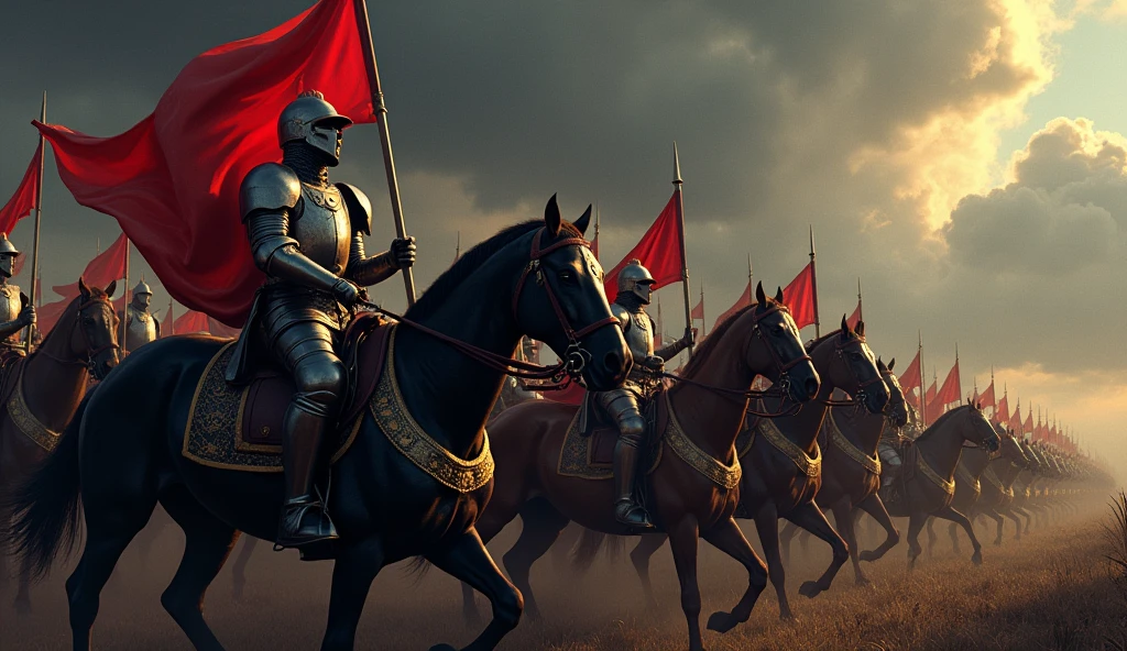 several men in armor riding horses with flags and flags, 8k cinematic photography, shot in anamorphic lenses, unsplash 4k, medieval crusader saint, featured on vimeo, by Daryush Shokof, photomanipulation, pestilence, film screenshot, dressed with [ [ 1 century 2, by Svend Rasmussen Svendsen