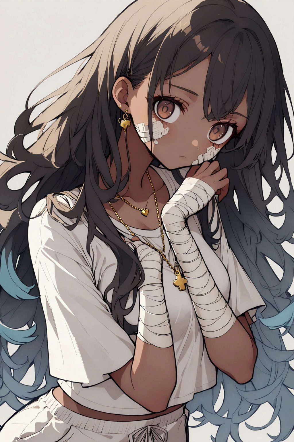 1girl, brown eyes, black hair with blue fade, blue strands in the hair, long hair, skinny waist, medium breasts, tan skin, a gold charm necklace, monotone, young girl, ager girl, brown skin, pale, wearing a white shirt with a gray sweatpants, bandages on her arms, bandages on her face,