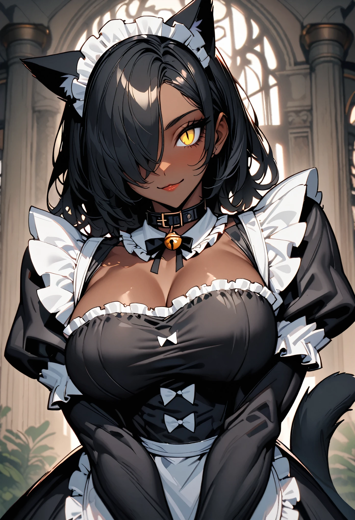 (Masterpiece) (High Detail) (High Res) Looking from below A tall black humanoid girl with dark skin and ebony flesh and green eyes and short black hair and goat ears and short dark goat horns and a toned body and average to small breasts and a bulge wearing a fancy black and white maid outfit with a skirt