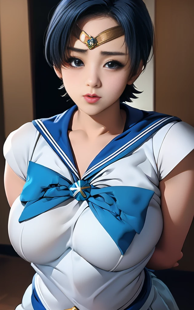 beauty、Very cute face、Outstanding proportions、Best image quality、masterpiece、8k、Soft look、Upper body only、(Sailor Mercury、Every detail、Delicate details)