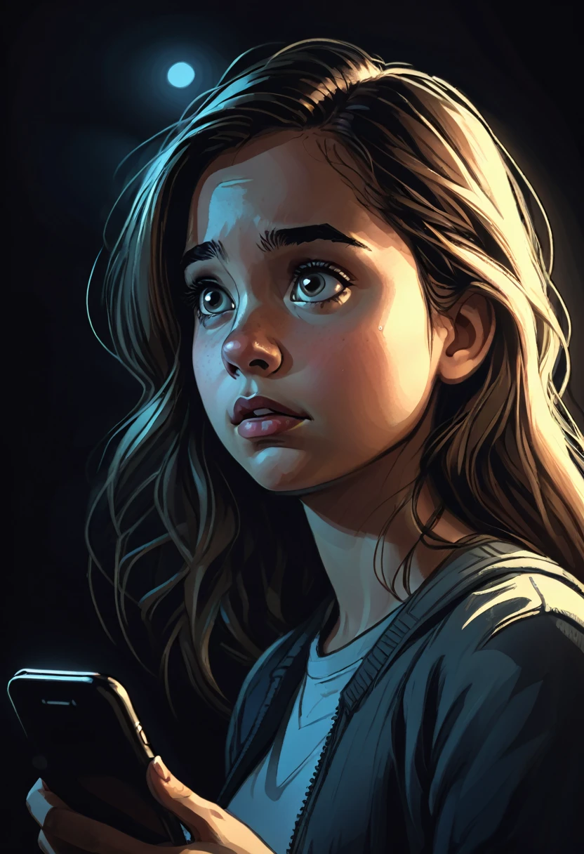 Create a Disney style sketch drawing of a young woman in the dark with her face illuminated by the light from her cell phone she looks worried 