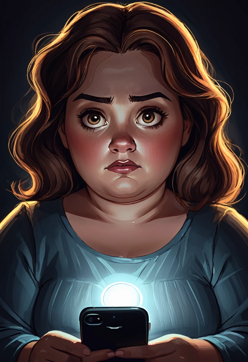 Create a Disney style sketch drawing of a ssbbw woman in the dark with her face illuminated by the light from her cell phone she looks worried 