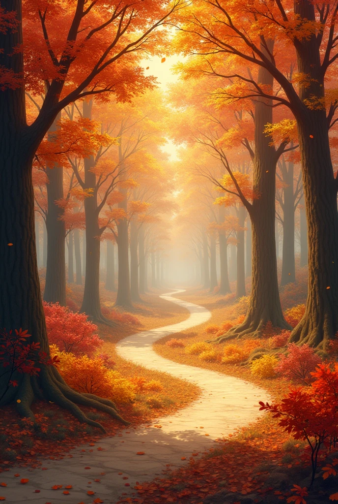 A winding path through a forest in peak autumn colors. Trees with ...