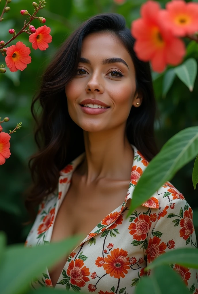 A Brazilian woman in a lush tropical garden, wearing an open shirt with a floral print, with a close-up capturing the harmonious beauty between her breasts and the natural flowers, showing off your natural charm and outgoing personality.