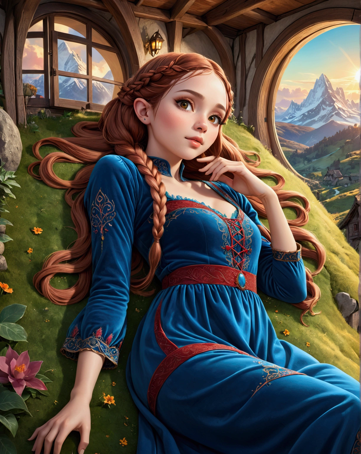 A beautiful racially ambigious woman laying on her back. pretty, hyper detailed face. Cute blue velvet dress with red filigree and trim. Long braids. Official Art – An Award-Winning Digital Masterpiece In 4K Ultra HD, Extreme Detail And Intricate Realism. Symmetrical Face. This Concept Art Brought To Life By The Hands Of Artists Like Wlop & Artgerm In A Stunning 2D Vector Illustration. Background Is A Panoramic Vista of a Psychedelic Fantasy Sunset Hobbit house buldt on the side of a mountain, Landscape, Hyperdetailed, Enchanting, High Resolution, Uplighting, 16k Resolution, Fantasy, Vibrant Colors, Intricate Details, Ethereal Lighting, Artwork By Jim Mahfood
