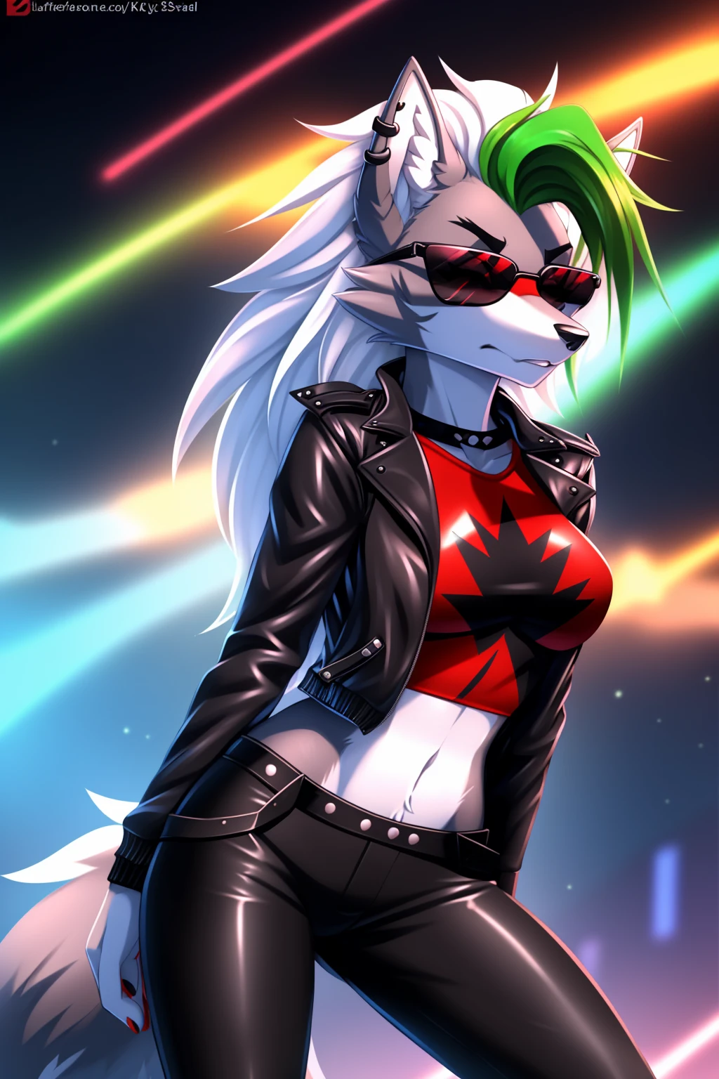 By zinfyuu on pixiv,by twistedscarlet60, uploaded on pixiv, by fluff-kevlar, (masterpiece), (best quality), (anthro furry:1.3, snout:1.2, anthro:1.3, furry:1.2, solo female:1.2), (extremely detailed:1.3), tall slim body, grey fur, roxanne, roxanne wolf, (black leather jacket:1.5), black jacket, leather jacket, black leather pants, (black pants:1.3), leather pants, (sunglasses:1.2), rectangular sunglasses, dark sunglasses, dark glasses, black sunglasses, serious face, 