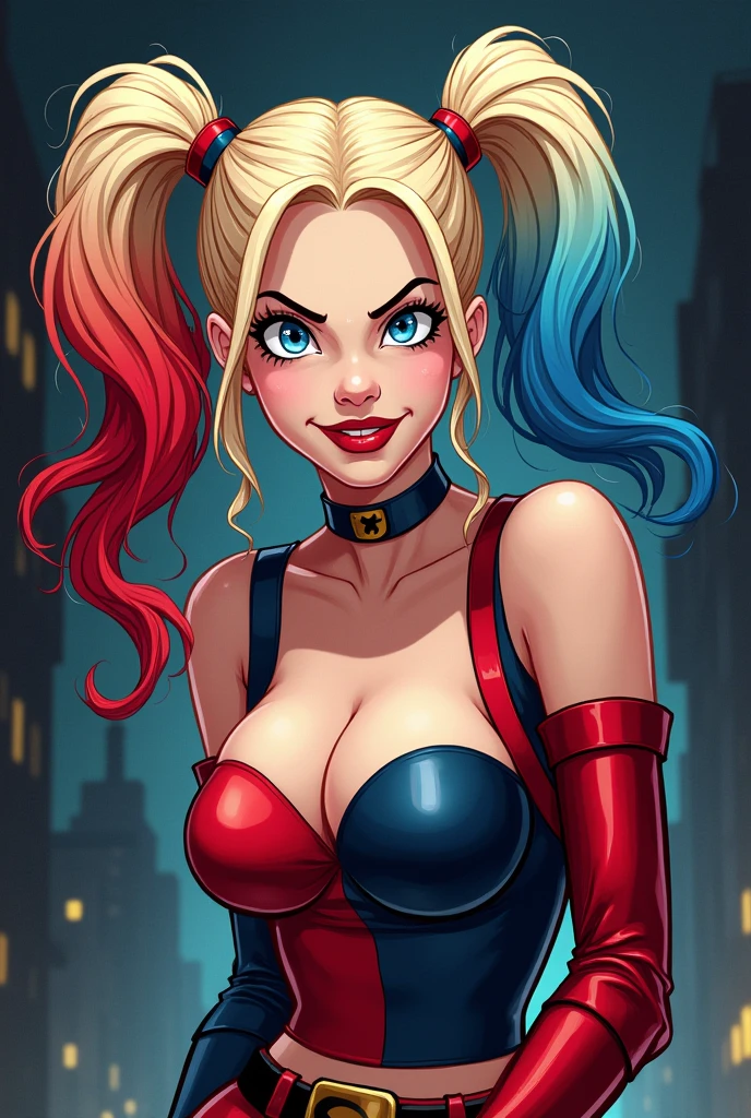 Compensation! Here is the revised and cleaner text:
--- Character: Battle-scarred Harley Quinn.
Description: Cartoon image of a woman. cartoon style illustration, with highly detailed character design. detailed digital art, showing courage and high quality portrait.
characteristics:
- Portrait character design - Beautiful digital illustration - Comic art - Young girl with braided hair - Beautiful lined eyes - Medium-large bust and wonderful sexy clothes - Expression of sexual desire from waist to head ---
