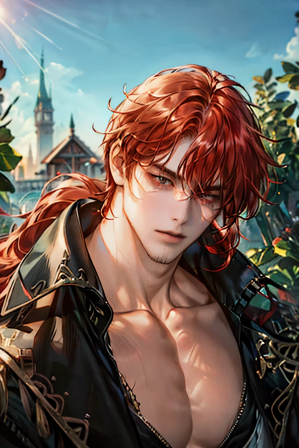 diluc, shirtless, muscular body, long red hair, winery, sunny day, detailed face, hyper realistic, 8k, cinematic lighting, vibrant colors, masterpiece, photorealistic, ultra-detailed, sharp focus, physically-based rendering, professional, vivid colors, landscape, fantasy, concept art