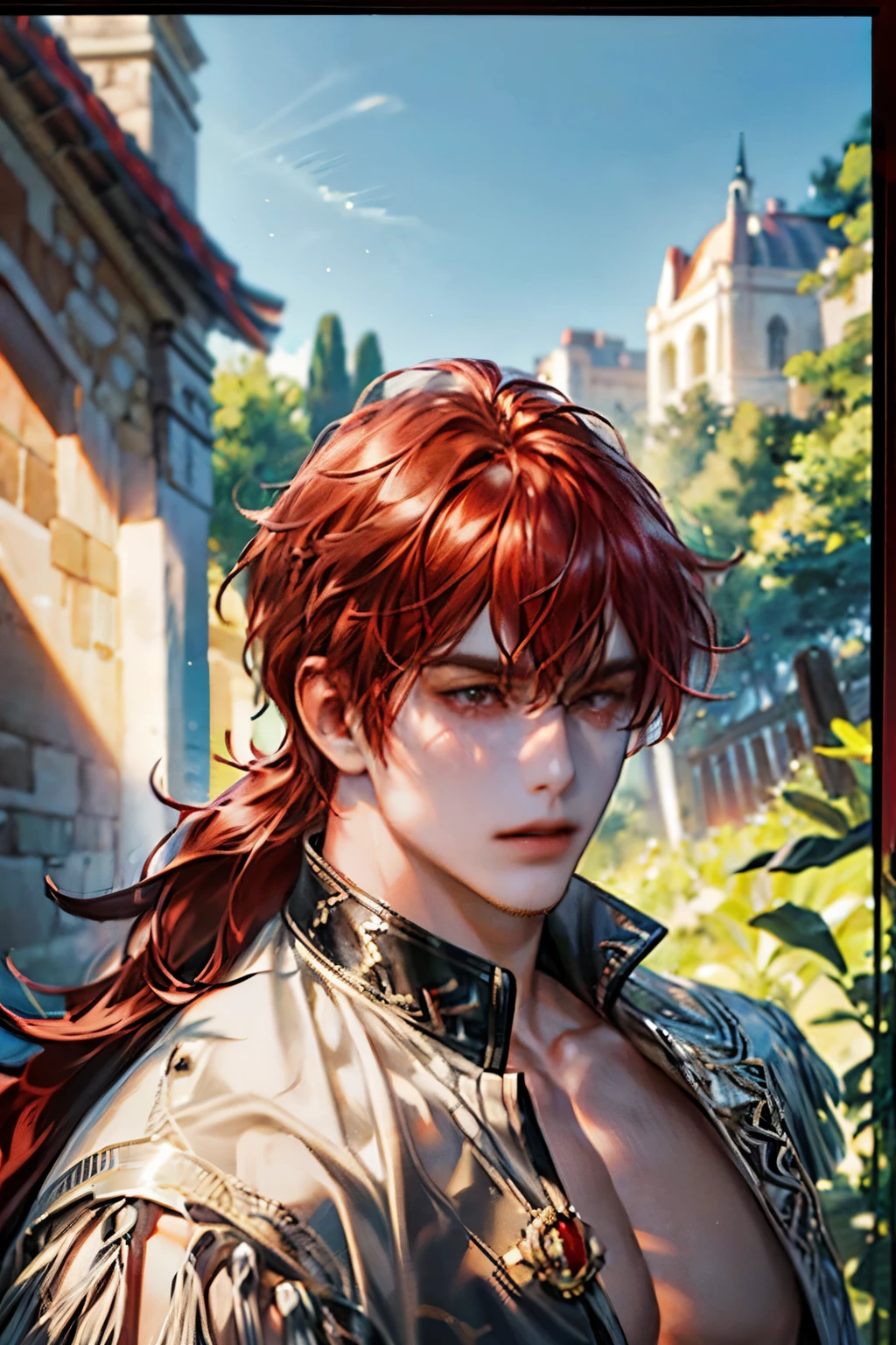 diluc, shirtless, muscular body, long red hair, winery, sunny day, detailed face, hyper realistic, 8k, cinematic lighting, vibrant colors, masterpiece, photorealistic, ultra-detailed, sharp focus, physically-based rendering, professional, vivid colors, landscape, fantasy, concept art