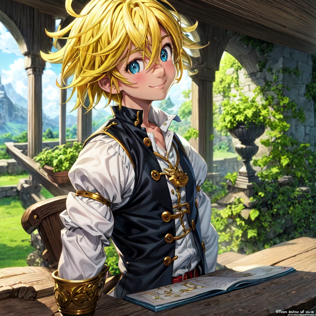 masterpiece, best quality, ultra-detailed, illustration, 1boy, solo, male focus, looking at viewer, upper body, , meliodas_nanatsu_no_taizai, blonde hair, blu eyes, jacketBlue eyes, Blonde Hair, without a shirtBlush, Smile, 