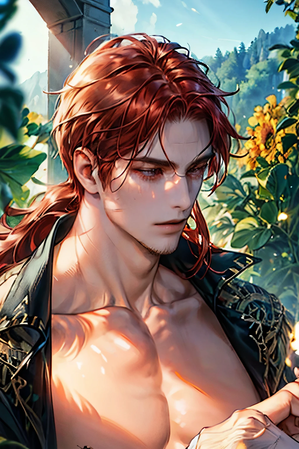 diluc, shirtless, muscular full body, long red hair, winery, sunny day, detailed face, hyper realistic, 8k, cinematic lighting, vibrant colors, masterpiece, photorealistic, ultra-detailed, sharp focus, physically-based rendering, professional, vivid colors, landscape, fantasy, concept art