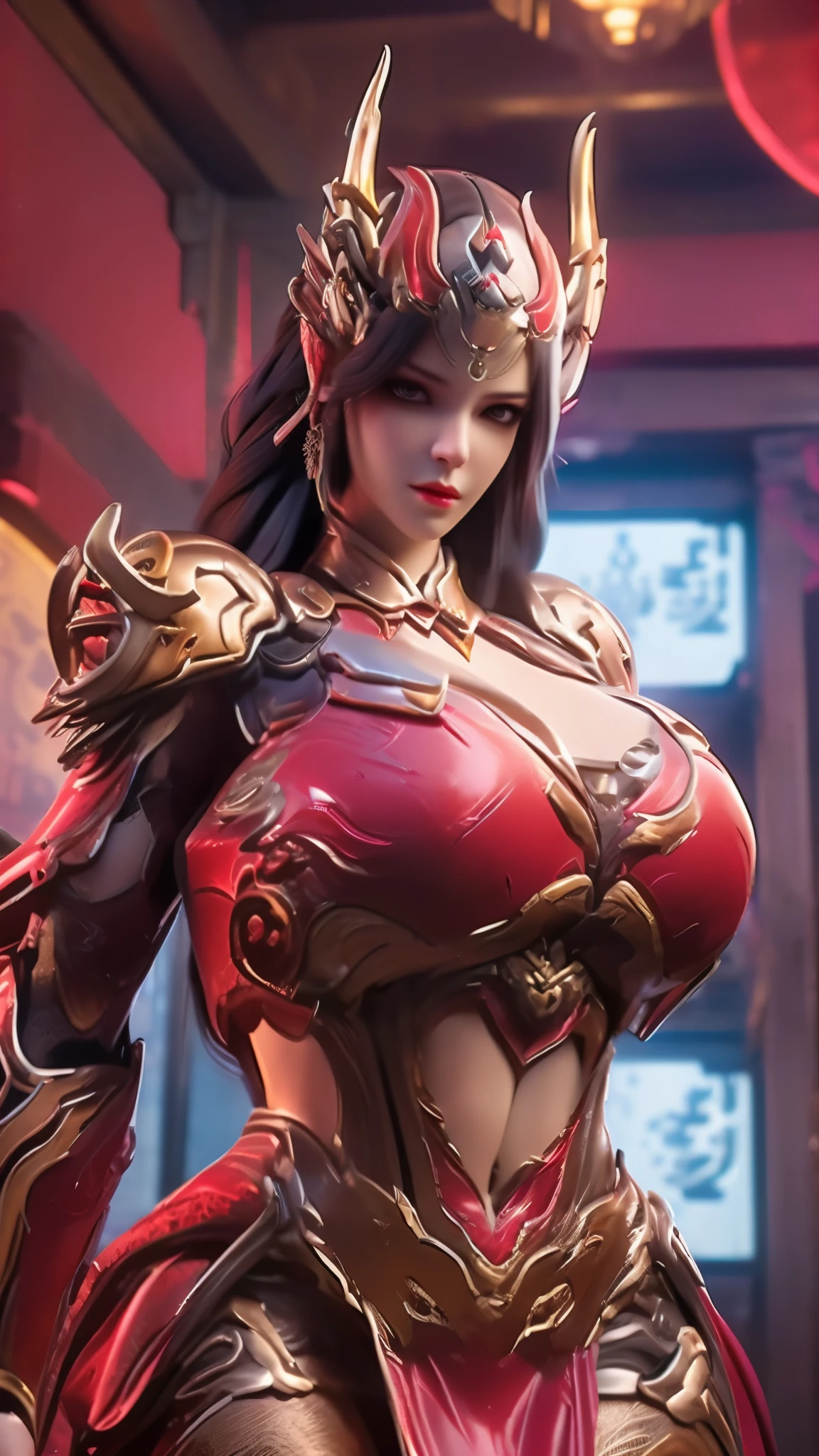 MASTERPIECE, BEST QUALITY, 1GIRL, CLOSE UP UPPER BODY, COWBOY SHOT PORTRAIT, ((DRAGON QUEEN HELM, LONG HAIR:1.5)), (GIGANTIC ROUND BREASTS,CLEAVAGE EXPOSED,ABS:1.5), ((WEARING OUTFIT MECHA CRIMSON DARK EVIL ARMOR OVERWATCH:1.5)), (OILED MUSCULAR THICC BODY:1.5), (CLEAN GLOSSY BODYSKIN:1.5), (LOOKING AT VIEWER:1.6), (BACKGROUND FUTURISTIC SPACE STATION:1), (Photorealsitic:1.5), (Ultra-detail), (TOP-QUALITY), (BEST SHADOWS), BRIGHT LIGHT IN ROOM, HYPER TEXTURE, (4X MSAA), ((UNREAL ENGINE 5 RENDER)), (NEON), PHYSICALLY-BASED RENDERING, ULTRA HIGHT DEFINITION, 16K, 1080P.