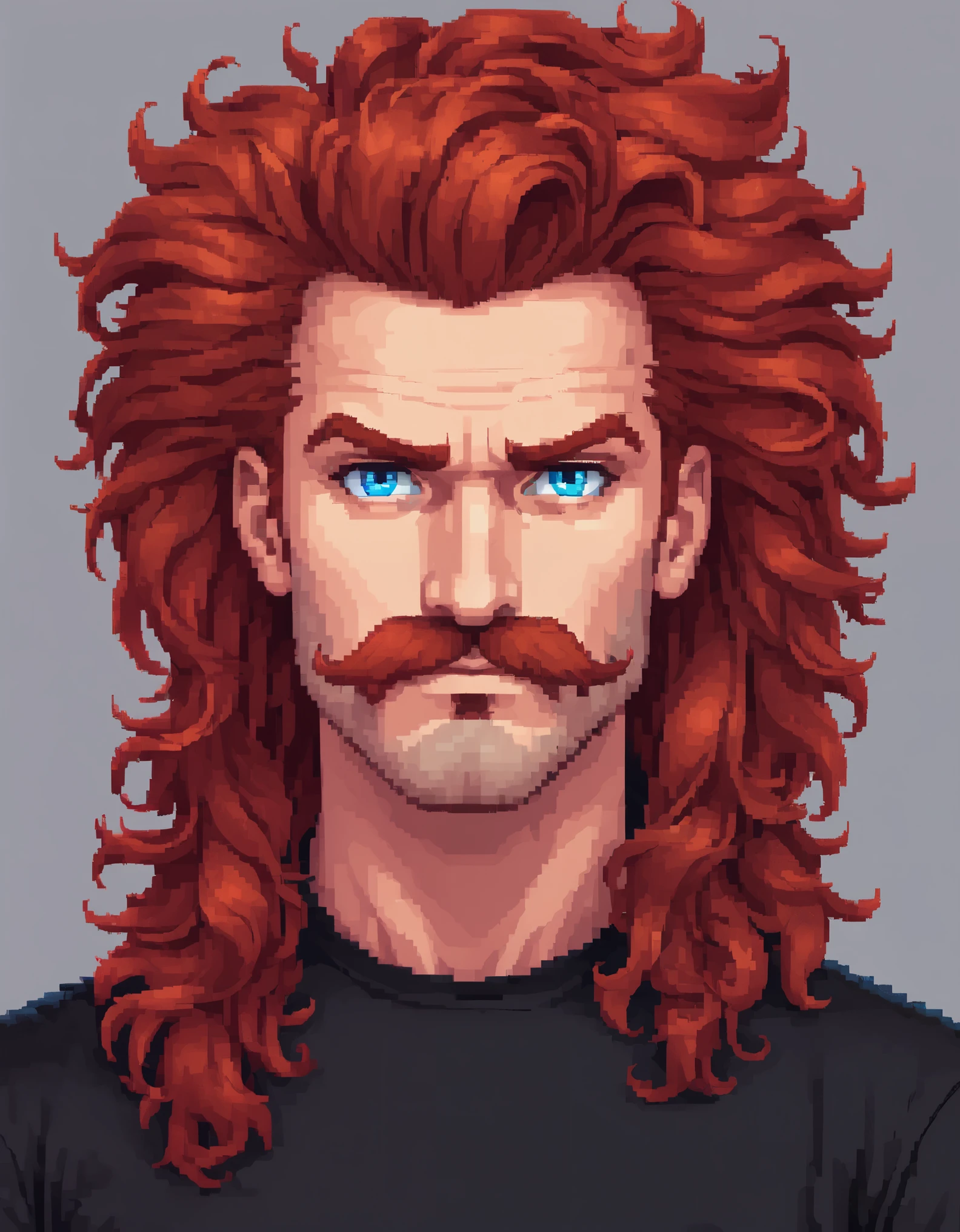 pixel art, naughty man, , Red-Haired, blue colored eyes, white background, portraite, Italian mustache , big hair, black tee
