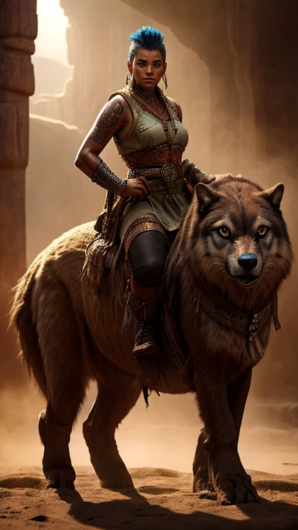 Ultra high resolution photography of a South American Native Indian multiracial thirty-five year old woman, the woman's clothing is a mix of space cowboy style and South American Native style, the woman's hairstyle is a shieldmaid mohawk and the sides of the head are tattooed, hair color colored, woman's pose is riding a big Wolf, face depicted realistically in ultra detail, body stature is tall with long legs and sensual curves and medium-sized breasts, mood of the photography is dark, Clothing top is a sleeveless cowboy shirt with a wide waist belt, legwear is a maxi leather skirt with etched Indian patterns and leather women's boots, Woman in her pose close to the camera