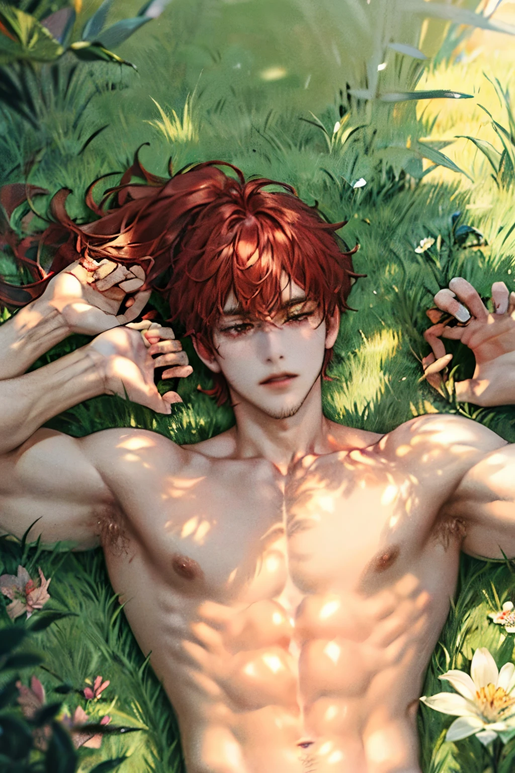 diluc shirtles, with red chest hair, beautiful pecs, laying on the grass with flowers sunny grassy field backround