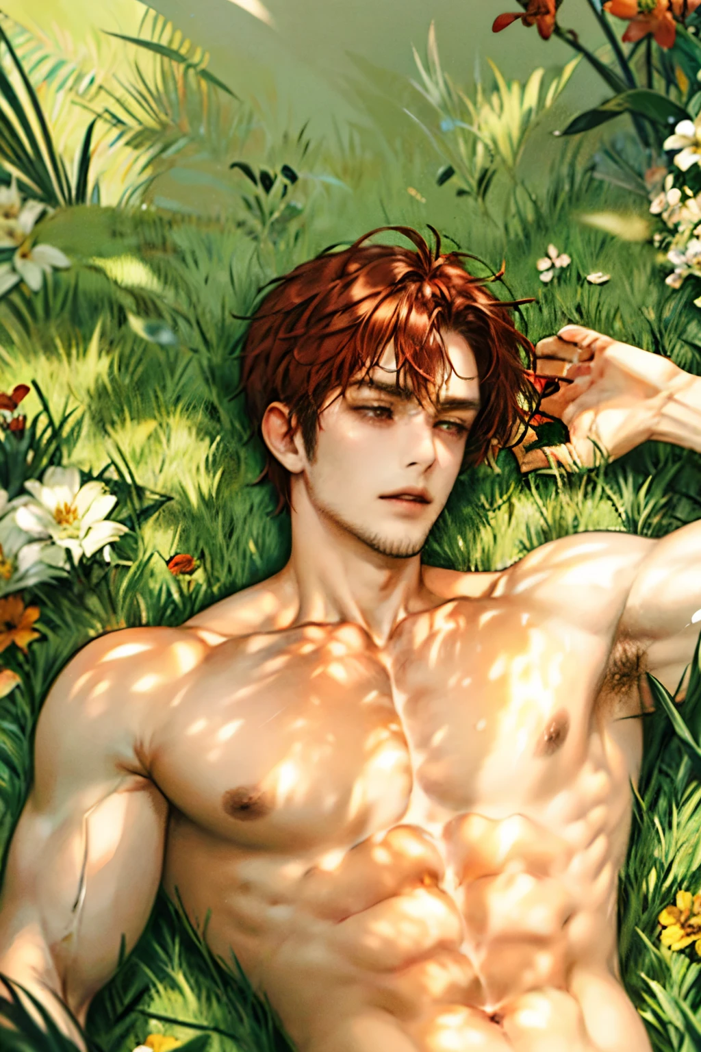 diluc shirtles, with red chest hair, beautiful pecs, laying on the grass with flowers sunny grassy field backround