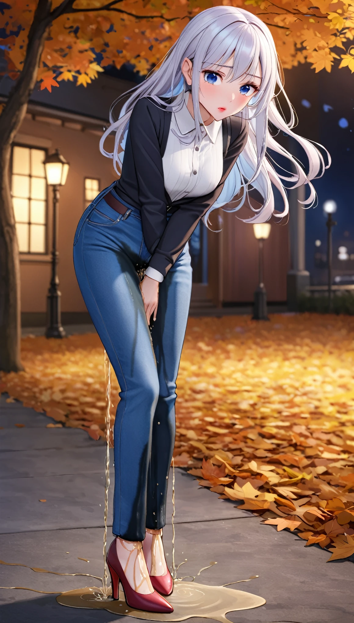 ((best quality, masterpiece:1.3, 8K)), (detailed), highly detailed face and skin texture, detailed eyes, full body, outdoor, nighttime, autumn, (slender body:1.1), 1girl, (solo), white skin, bright lips, worried, embarrassed, panicking, long hair, glamorous outfit, medium breast, (jeans pants:1.2, blue jeans:1.2), (wetting herself:2.0),