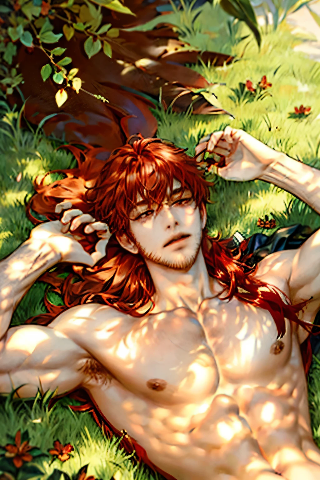 diluc shirtles with long red hair, with red chest hair, beautiful pecs, laying on the grass, top view, sunny soft day