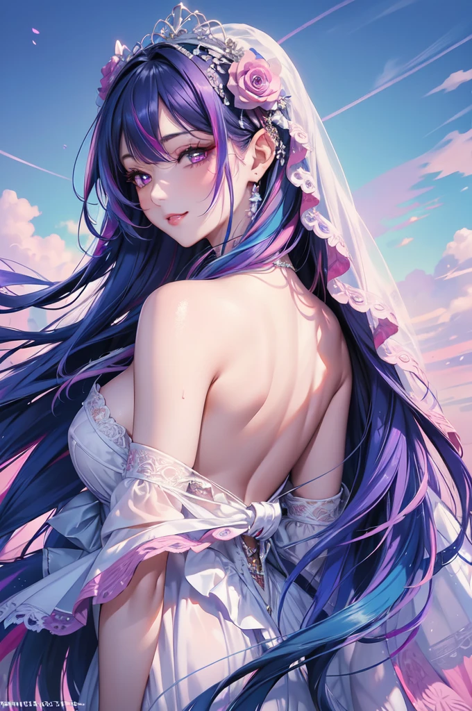 (masterpiece, Best Quality, beautiful and aesthetic:1.3), looking back, side view, 1 girl, happy,  affected smile,  (Dark blue hair with pink and purple streaks:1.4), (Sky blue gradient hair:1.6), hair, absurdly long fur, One-sided lock, chinos, shiny hair, flowing hair, (Deep purple eyes), delicate eyes, aquamarine eyes, eyes with lots of detail, long upper eyelashes, make up, Focus on face, The facial details are very rich., pretty face, perfect breasts, hot body, (The texture of the skin is delicate.:1.2), Veil, dress with lace trim, transparent, Wedding dress, exterior, White Rose, garden, tomorrow, Permanent, extremely detailed, 