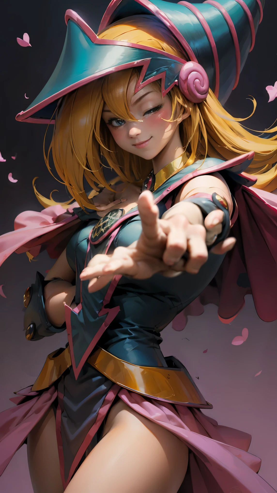 dark magician gils. Making the peace and love sign with his fingers, smile . Magic of hearts in the air. Sensual and seductive pose. Mystical magic background 