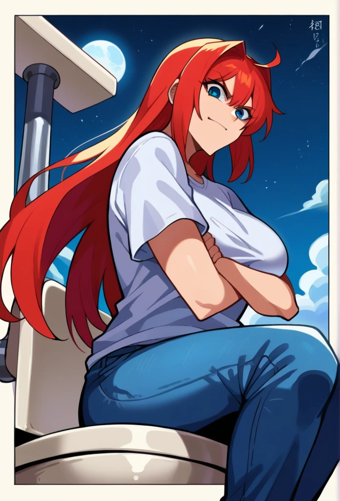 score_9, score_8_above, fountain_anime REST alone, 1 girl, looking at the viewer, cowboy shot, 
aozakired, blue eyes, Red hair, hair intakes, White shirt, T-shirt, Cowboys, Denim, blue pants, short sleeves, 
curves, big breasts, affected smile, angry, Crossed arms, from below, 
starry sky, hill, full moon, wind,
Sitting on the toilet