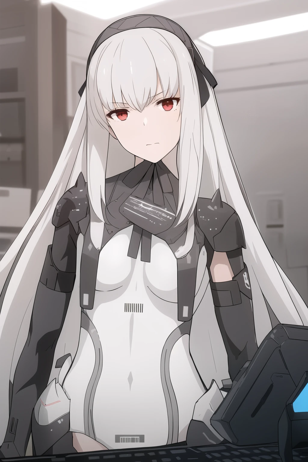 best quality, masterpiece, verapgr_rozen, shoulder armor, white bodysuit, hairband, hair ribbon, mole, looking at viewer, head tilt, upper body, expressionless, holographic interface, computer, metal desk,