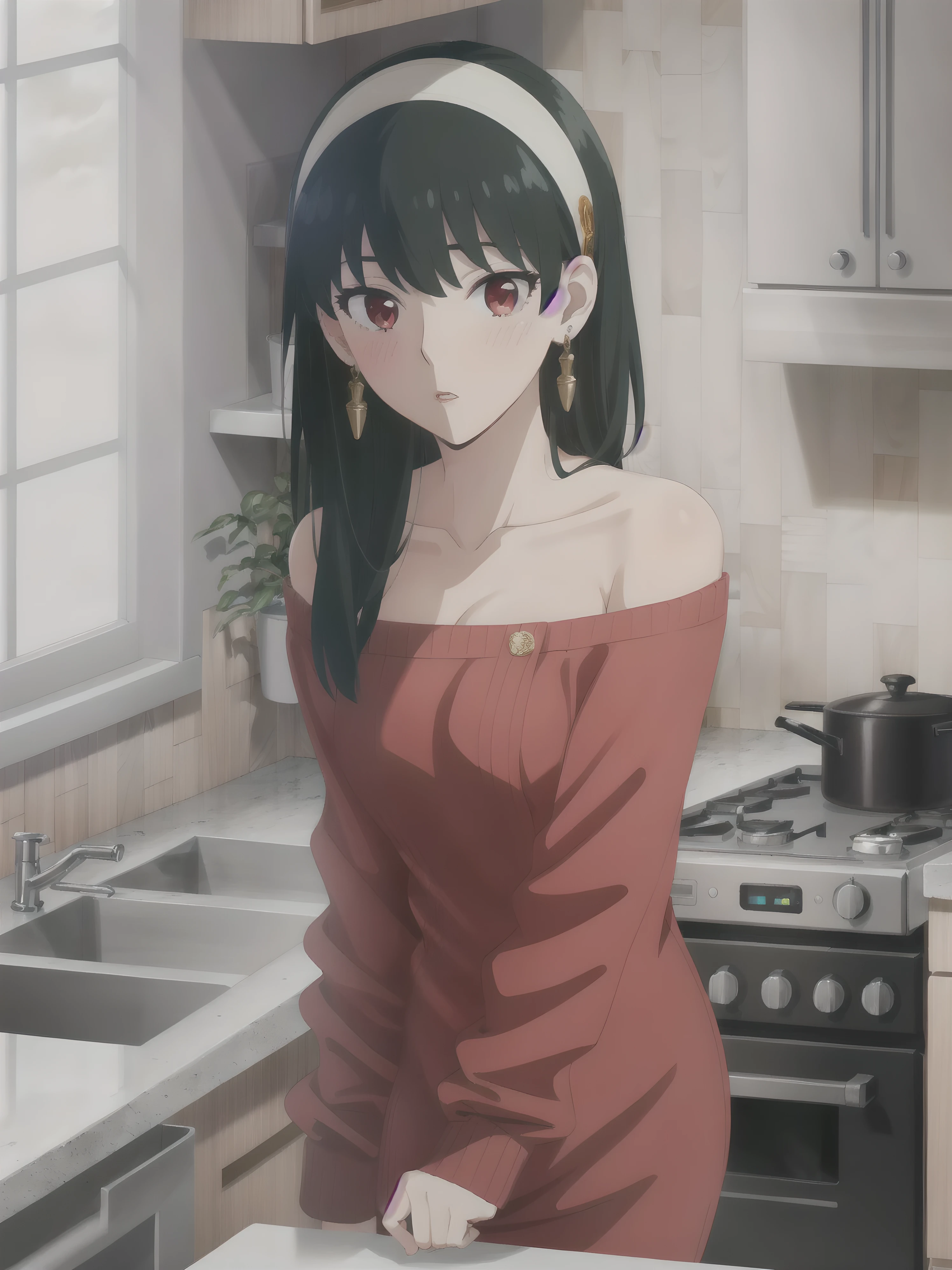 ((extremely detailed CG unity 4k wallpaper)),(masterpiece),(ultra quality),(ultra-detailed),(best illustration),(best shadow),(Extremely Detailed),(absurdres),(detailed background),Break, Yor Forger, y, 1girl, solo, blush, black hair, red eyes, sexy, red sweater, hairband, jewelry, earrings, sweater, parted lips, off-shoulder sweater, gold earrings, off shoulder, bangs, bare shoulder, at kitchen