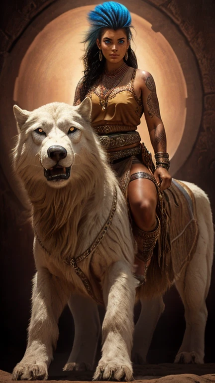 Ultra high resolution photography of a South American Native Indian multiracial thirty-five year old woman, the woman's clothing is a mix of space cowboy style and South American Native style, the woman's hairstyle is a shieldmaid mohawk and the sides of the head are tattooed, hair color colored, woman's pose is riding a big Wolf, face depicted realistically in ultra detail, body stature is tall with long legs and sensual curves and medium-sized breasts, mood of the photography is dark, Clothing top is a sleeveless cowboy shirt with a wide waist belt, legwear is a maxi leather skirt with etched Indian patterns and leather women's boots, Woman in her pose close to the camera