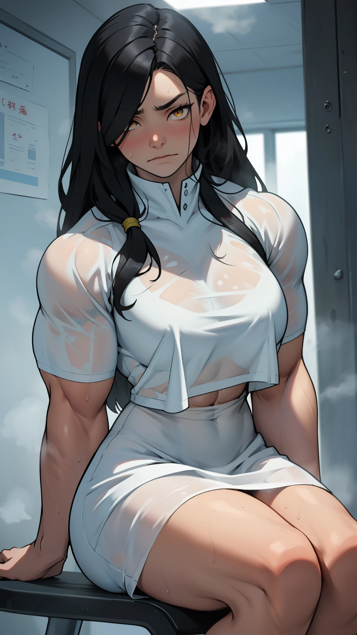 (((girl muscular))) ((thighs breasts)) pale skin black hair yellow eyes frown tight shirt tight pants (((girl muscular))) ((thighs breasts)) thick thick thick thick thick thick thick
