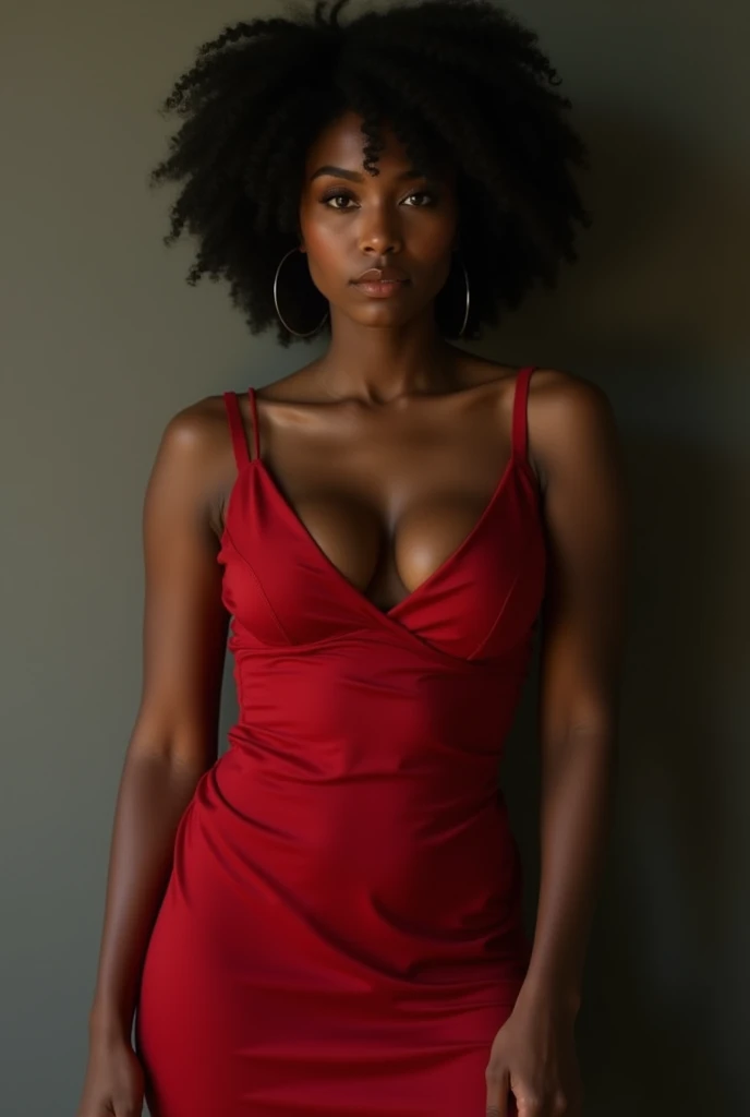 A beautiful young African woman with flawless dark skin, standing confidently. She is dressed in a sexy, form-fitting red outfit that accentuates her curves, with red lipstick that complements her look. Her expression is serious but with a subtle, playful smile. Her hair is styled elegantly, and she exudes a sense of grace and strength in her posture. The background is minimal, ensuring that all the attention is on her beauty and presence."