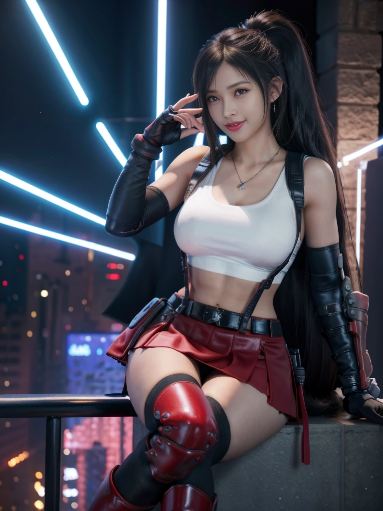 (8K, best quality, masterpiece:1.2), (actual, photo-actual), Super detailed, 1 girl,Lovely, alone, (Tifa Lockhart), (huge breasts), (Smile:1.2), (Keep your mouth shut), posture, 摆posture, neon lights, city View, depth of field, depth of field, good composition, Final Fantasy VII, ankle boots, black hair, black Raise your legs high, Red boots, Elbow gloves, Elbow pads, fingerless gloves, tight shirt, Good at sports, (Suspenders attached to skirt), Raise your legs high, (white vest), whole body, Very long hair, ((Red_Eye)), flower, (night), Bokeh, movie lighting, National Science Foundation, perfect breasts, sakimychan style，Huge bresats，，Smile，necklace