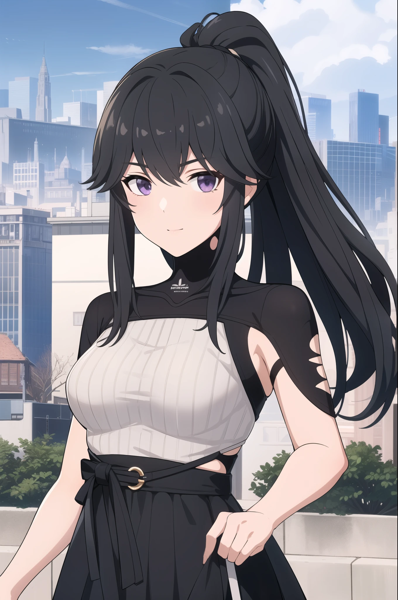 best quality, masterpiece,selenaPGR, black dress, two-tone long hair, ponytail, (sweater turtleneck,modest clothing:1.2) looking at viewer, upper body, cityscape,