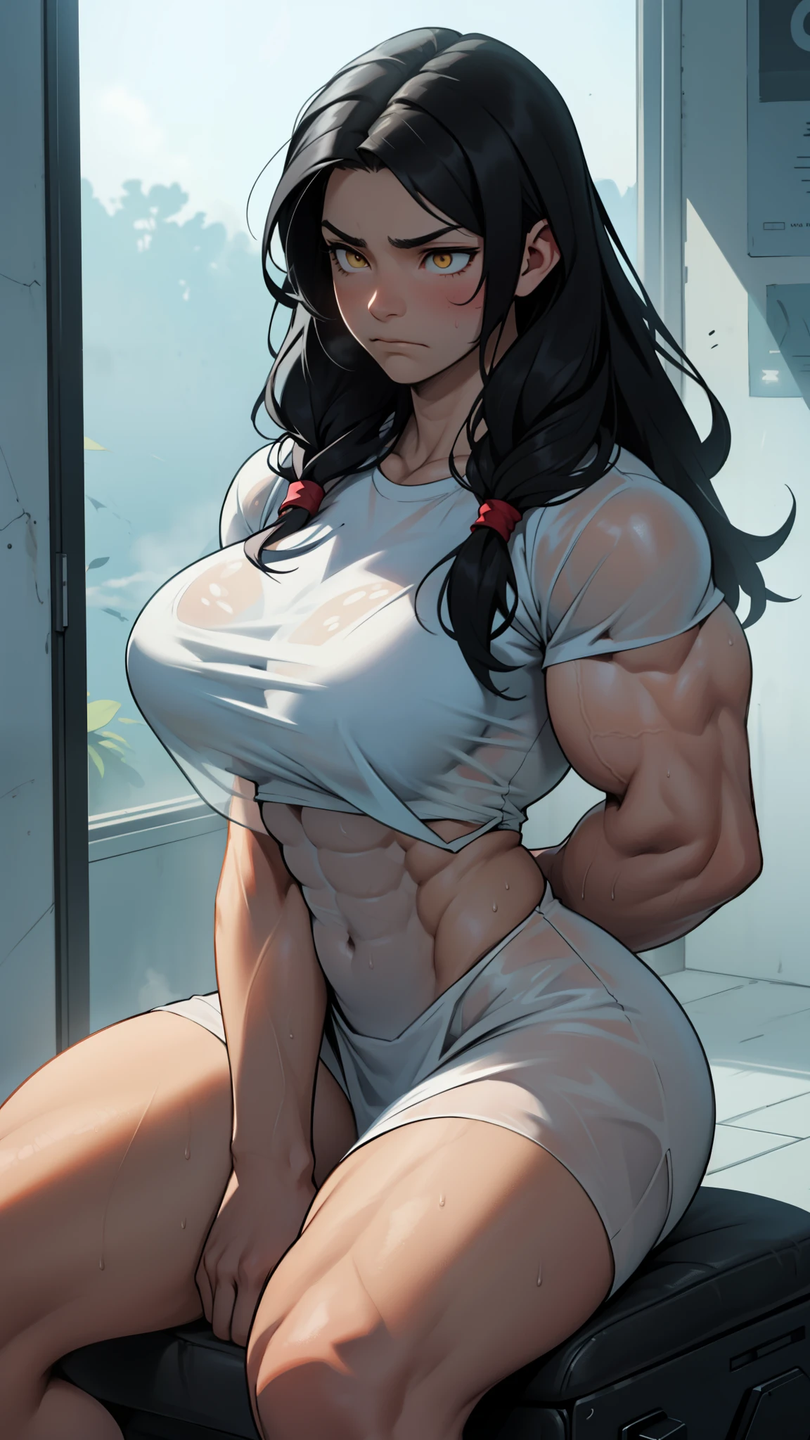 (((((Massive Female Bodybuilder))))), , , 
((((Muscular Quadriceps)))), , , 
((((Huge breasts)))), , , 
1, NSFW:1.7, Best quality, volumetric lighting, cool ambient lighting, masterpiece, ultra high res, 4k, (flirty smile), (soft round detailed face), (firmly closed eyes), (very pale light skin), (bare legs), detailed black hair, ((long messy greasy hair)), (wearing rounded glasses), headband, unwashed, unkempt, tired, sleepy, disheveled, grey t shirt dress, grey pyjama dress, grey short form fitting dress, sitting on a sofa, sweat, sweaty