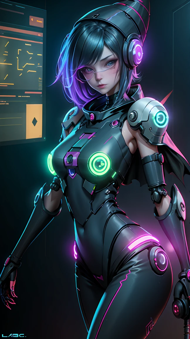 there is a purple screen with a description of a character, dark purple hair, and cybernetics, Ryan glitter concept artist, cgsocietywlop, seraphine ahri kDa, purple themed, grocery, purple aesthetic, violet colored theme, glowing lens flare wraith girl, cyberpunk style color, purple color-theme