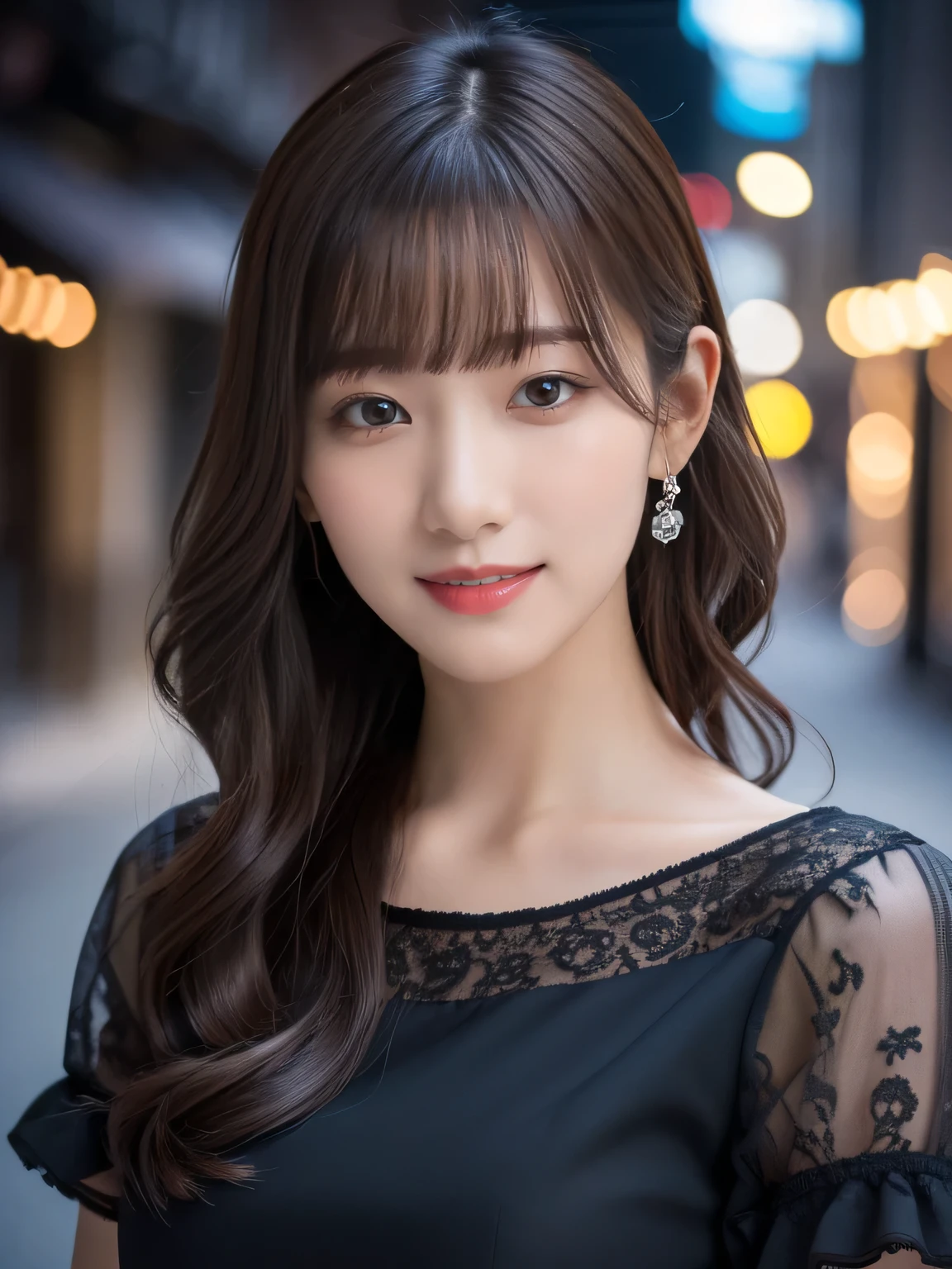 1 girl,(Wearing a black short-sleeved blouse:1.2),(RAW Photos, highest quality), (Realistic, Photorealistic:1.4), Tabletop, Very delicate and beautiful, Very detailed, 2k wallpaper, wonderful, In detail, Very detailed CG Unity 8K wallpaper, Very detailed, High resolution, Soft Light, Beautiful detailed girl, Very detailed目と顔, Beautiful and detailed nose, Fine and beautiful eyes, Cinema Lighting, Afternoon cityscape, Perfect Anatomy, Slender body, smile, Wavy long hair, (Body facing the camera), Face looking at camera,