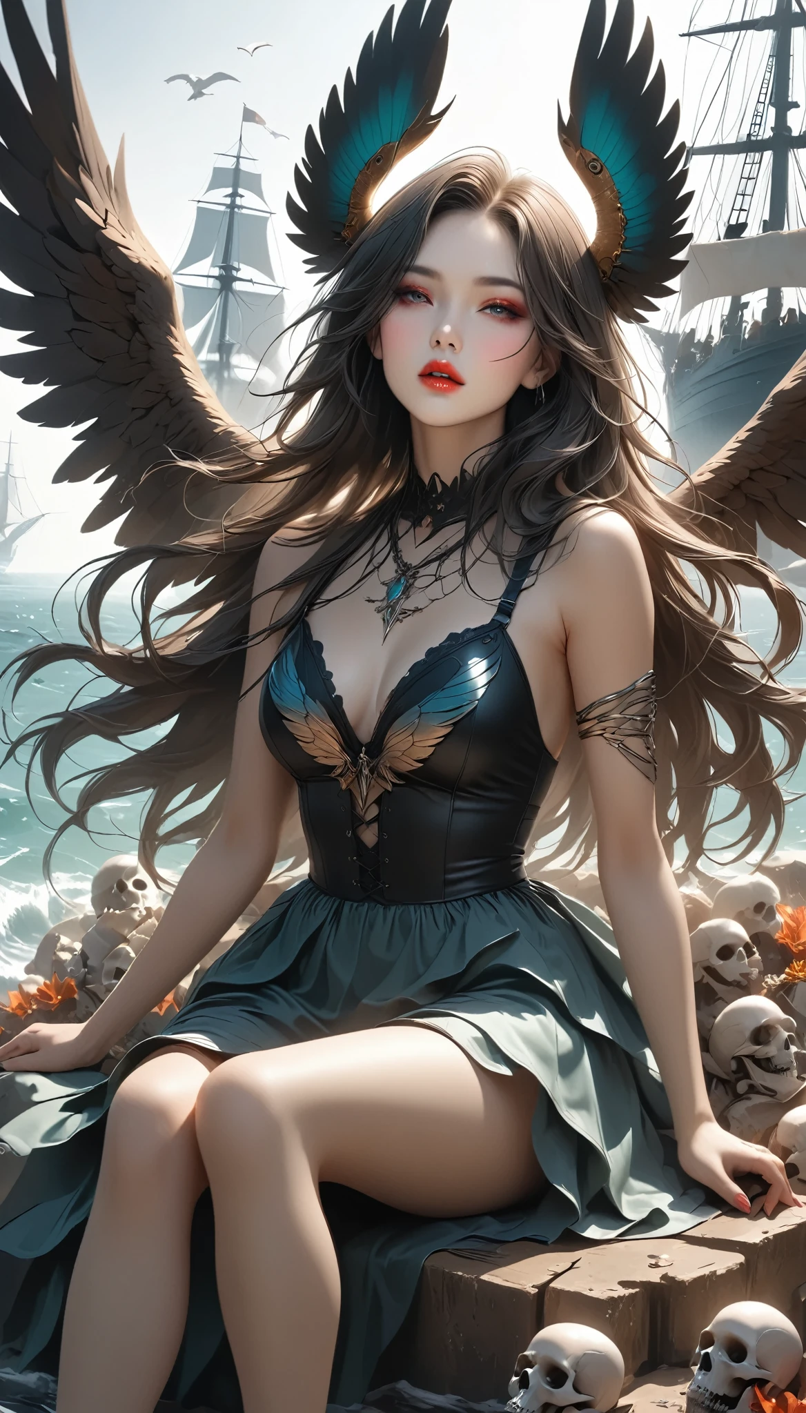 A mysterious female singer with the body of an eagle, alone, peacock feather wing, Absurd aesthetics, Siren Possession, Let your beautiful voice resound, BREAK Sitting on the reef watching the sailing ships, Pile of bones stage, gothic fantasy, ARW
