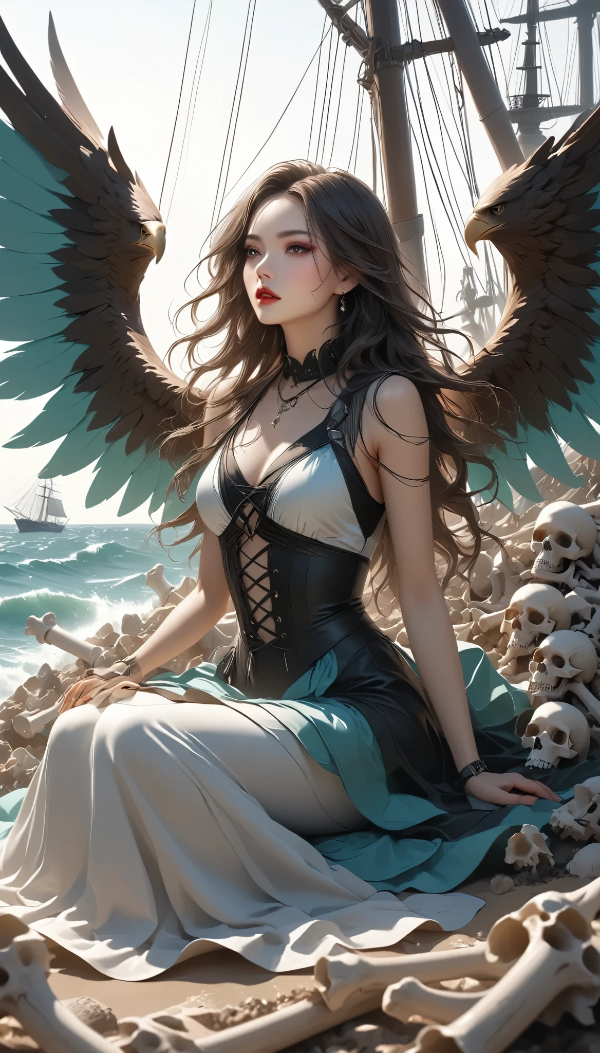 A mysterious female singer with the body of an eagle, alone, peacock feather wing, Absurd aesthetics, Siren Possession, Let your beautiful voice resound, BREAK Sitting on the reef watching the sailing ships, Pile of bones stage, gothic fantasy, ARW