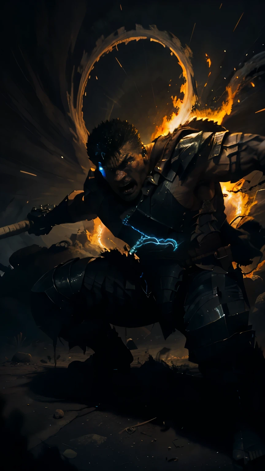 A warrior in black wielding a huge two-handed sword, short hair, Big muscular man. Angry Eyes, The most natural and amazing movement. The Battle of Light and Darkness, Rembrandt, Destructive impulses, Perfect Proportions,Dynamic Angle,