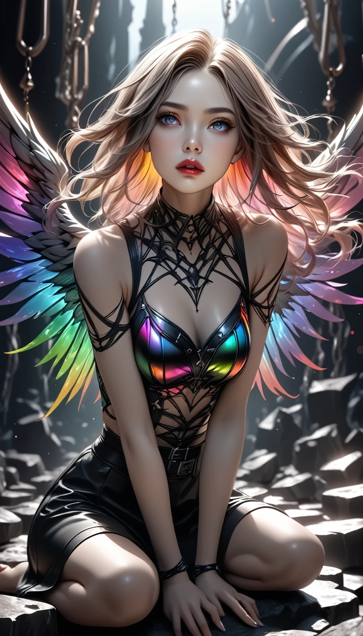 1girl, mysterious opera singer with eagle body, alone, peacock wing wings, holographic fallen angel, absurdist aesthetics, siren possession, beautiful singing voice echoing, sitting on rock gazing at (sailing ship), mountain of bones stage, holographic gothic fantasy, ARW, (best quality,4k,8k,highres,masterpiece:1.2),ultra-detailed,(realistic,photorealistic,photo-realistic:1.37),extremely detailed eyes and face,longeyelashes,dramatic lighting,dramatic pose,moody atmosphere,rainbow colors, Extremely fine transparency