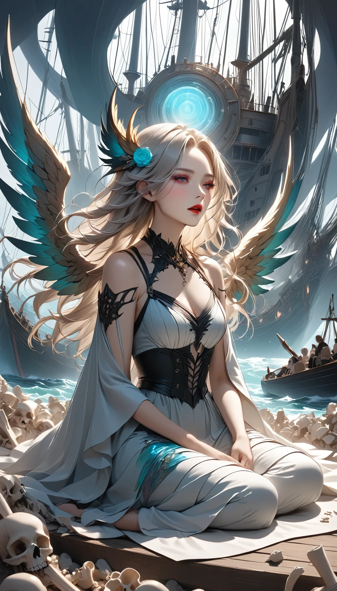 A mysterious opera singer with the body of an eagle, alone, peacock feather wing, Like a holographic fallen angel, Absurd aesthetics, Siren Possession, Let your beautiful voice resound, BREAK Sitting on the reef watching the sailing ships, Pile of bones stage, gothic fantasy, ARW